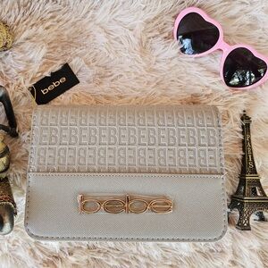 NWT BEBÉ gray crossbody Bag Gold Chain Strap Logo Accents
